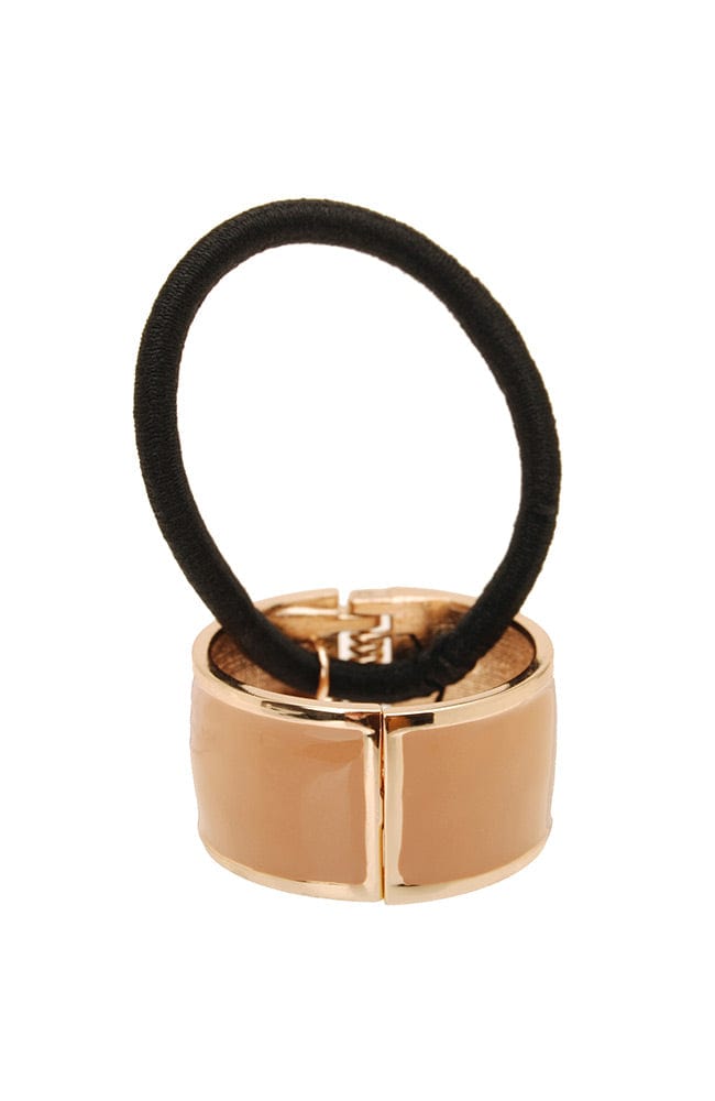 Hair Tie with decorative ponytail cuff by L. Erickson, gold and beige enamel