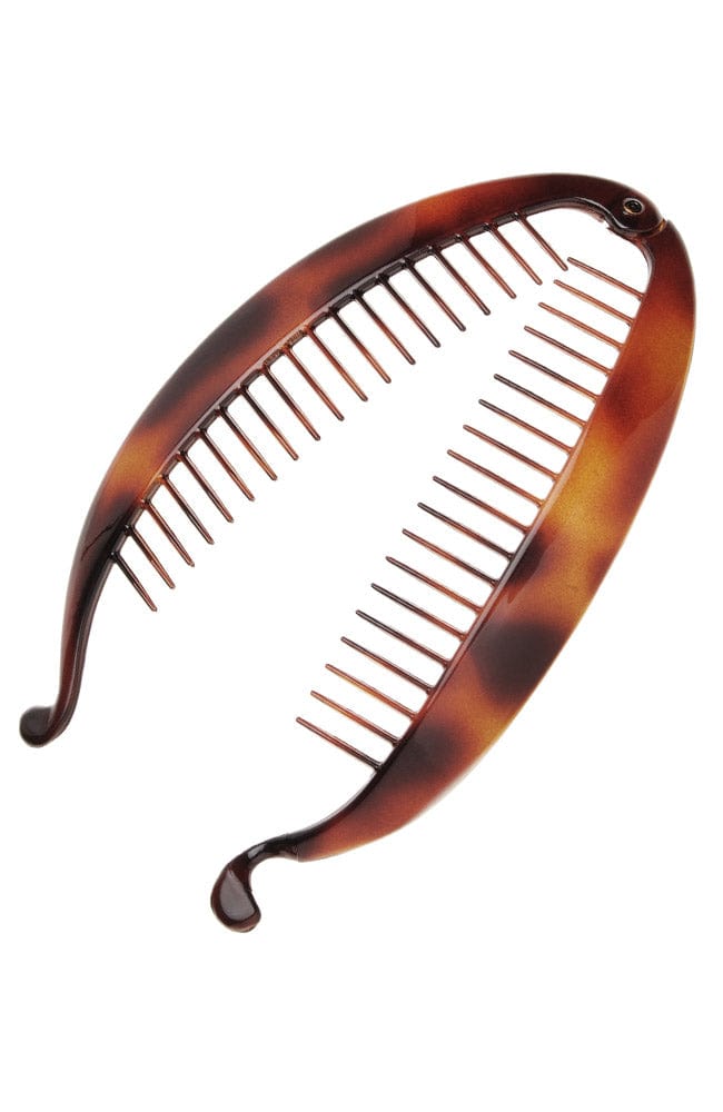 Large Banana Hair Clip, Tortoise with an interlocking clasp for a cascading hair style. Luxurious French hair accessory by France Luxe