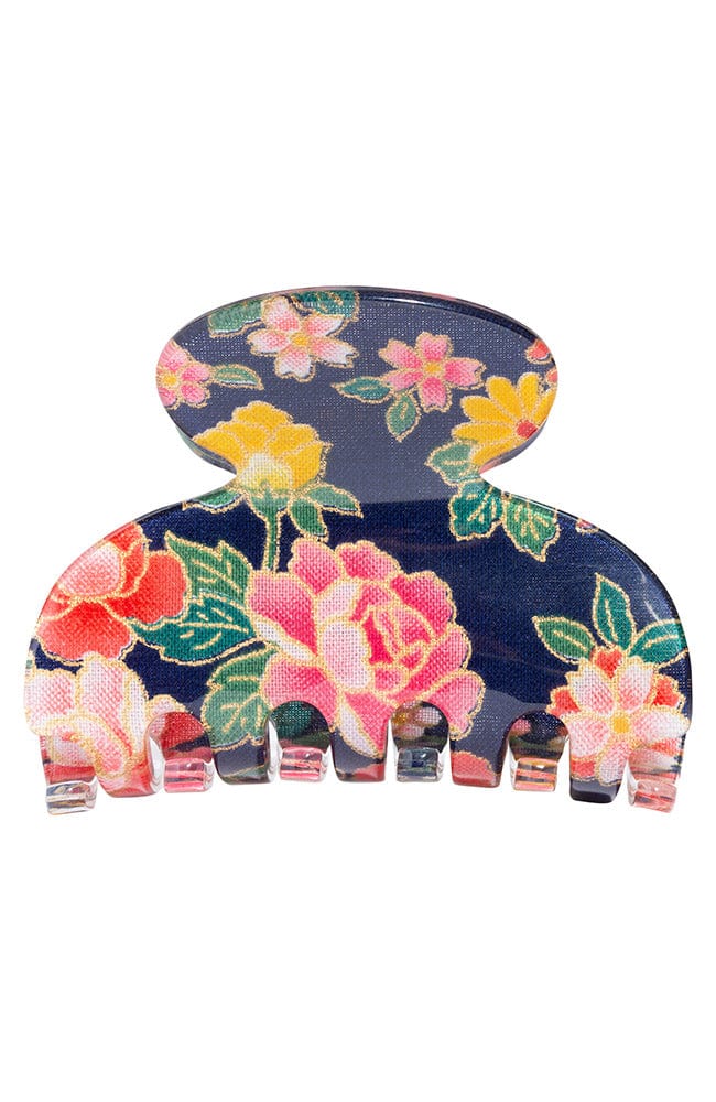 Small Navy Blue Floral Claw Clip, front view, France Luxe Kyoto Collection