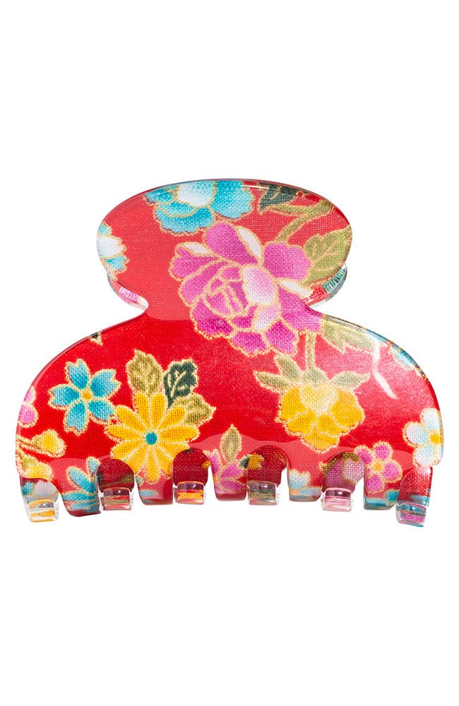 Small Red Floral Claw Clip, front view, France Luxe Kyoto Collection