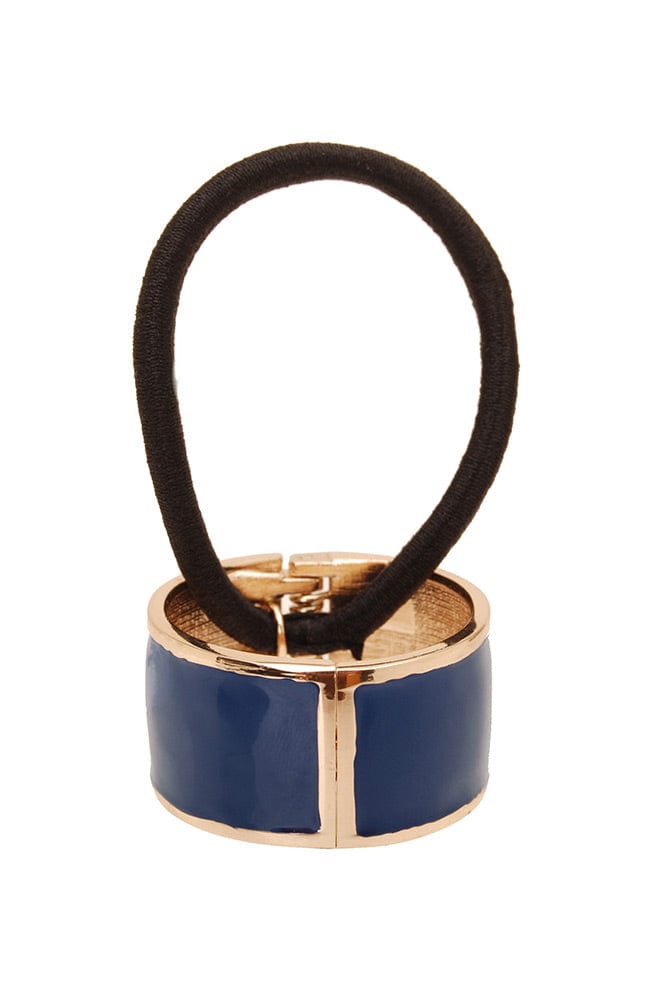 Hair Tie with decorative ponytail cuff by L. Erickson, gold and navy enamel