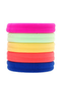 Thick workout hair ties, Colorful Neon Sport Ponytail Pack by L. Erickson. Hair bands include: hot pink, green, yellow, coral, royal blue