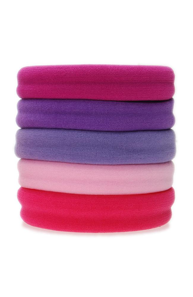 Thick workout hair ties, Colorful Sport Ponytail Pack by L. Erickson. Hair bands include: magenta, purple, pink, fuchsia
